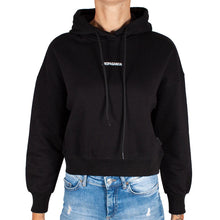 Carica l'immagine nel visualizzatore di Gallery, PROPAGANDA Felpa Donna Nero Corta con Cappuccio e Maxi Stampa sul Retro