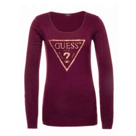 Guess LS RN Eliana Maglia Girocollo Viscosa Rossa Bordeaux Logo 3D Oro Donna