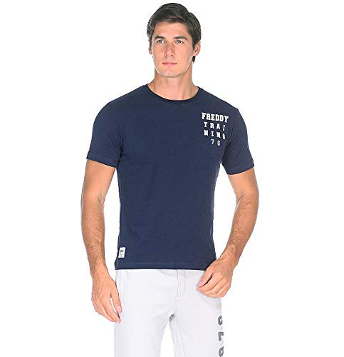FREDDY T-Shirt Uomo a Manica Corta in Cotone Blu