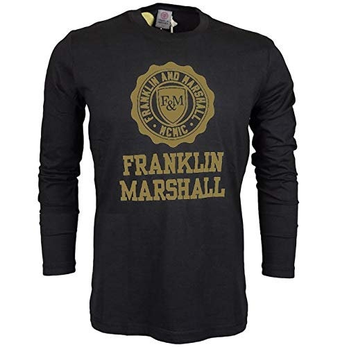Franklin and Marshall T-Shirt Long Round Neck T-Shirt Uomo Manica Lunga Leggera Nera con Stampa Oro