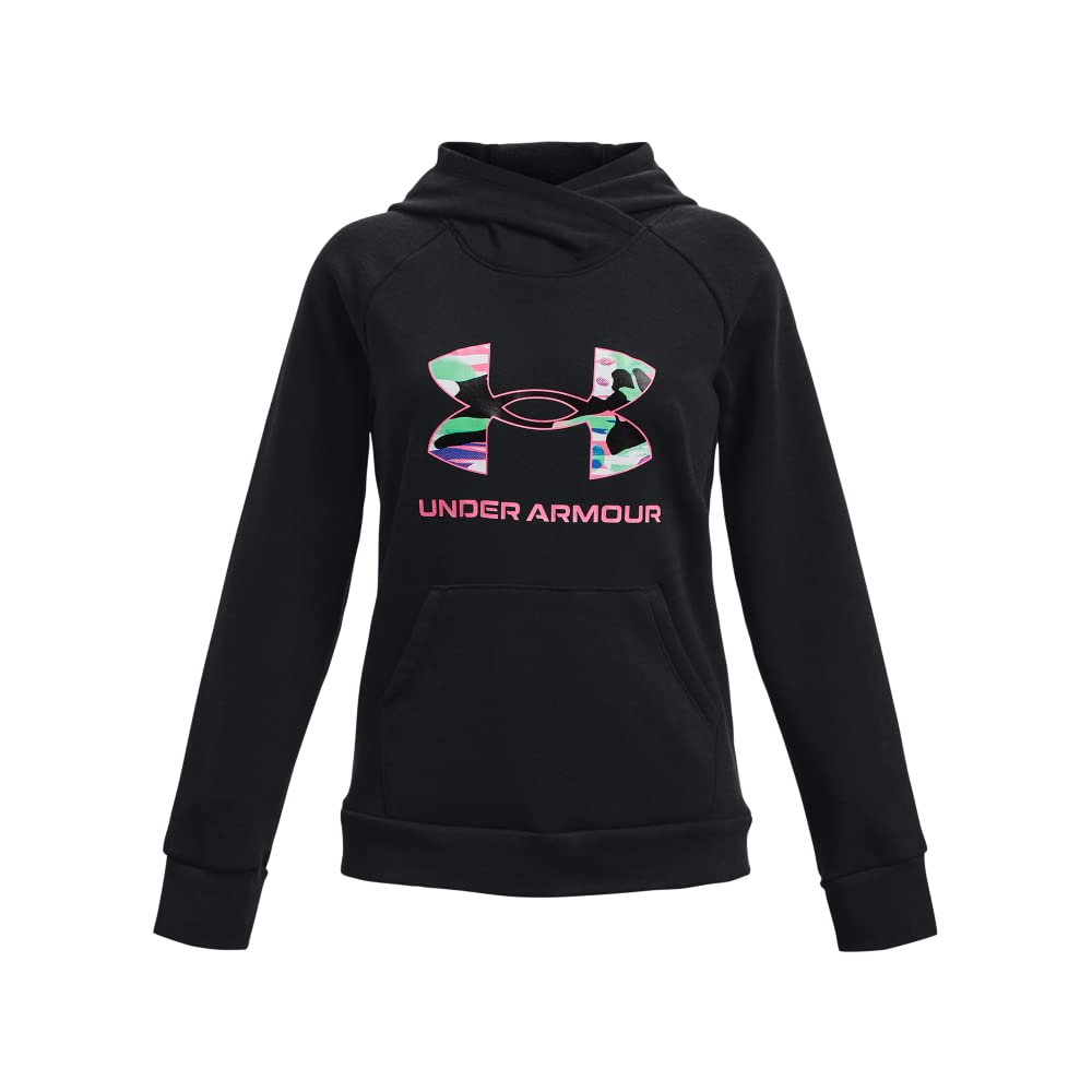 Under Armour Girls' Standard Rival Fleece Big Logo Hoodie, (001) Black / / Pink Punk, Youth Large