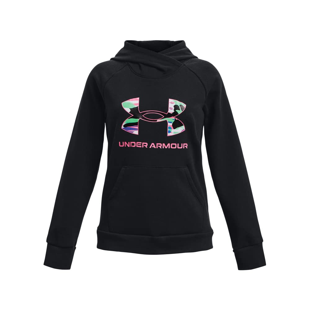 Under Armour Girls' Standard Rival Fleece Big Logo Hoodie, (001) Black / / Pink Punk, Youth X-Small