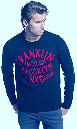 Franklin and Marshall Knitwear Wool Knmr156w13 Maglia Maglioncino in Lana Girocollo Blu Navy