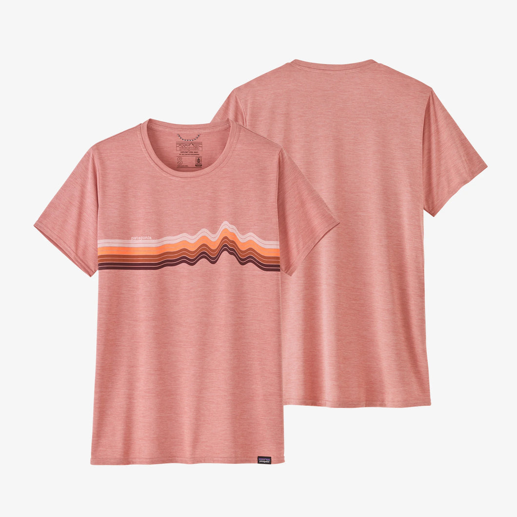 Patagonia Women's Capilene® Cool Daily Graphic T-Shirt da donna in tessuto tecnico Ridge Rise Stripe: Sunfade Pink X-Dye