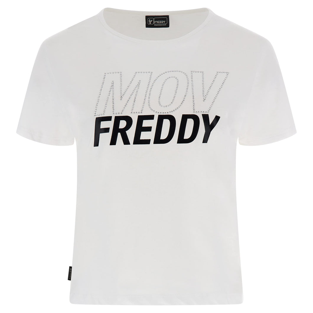 FREDDY - T-Shirt Cropped con Grafica MOV Strass E Nero Lucido