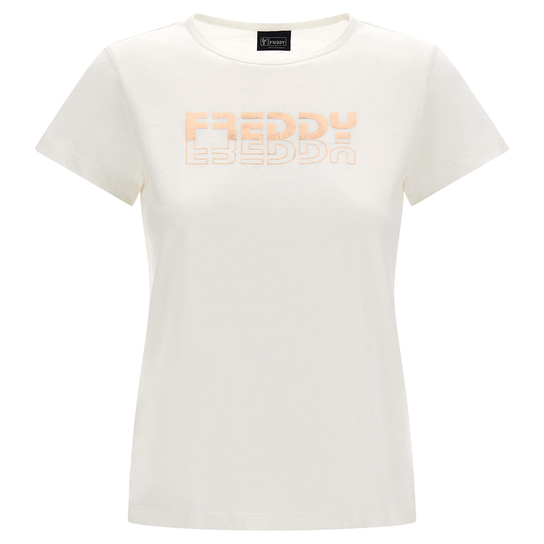 FREDDY - T-Shirt in Jersey Leggero con Stampa Lucida Rame