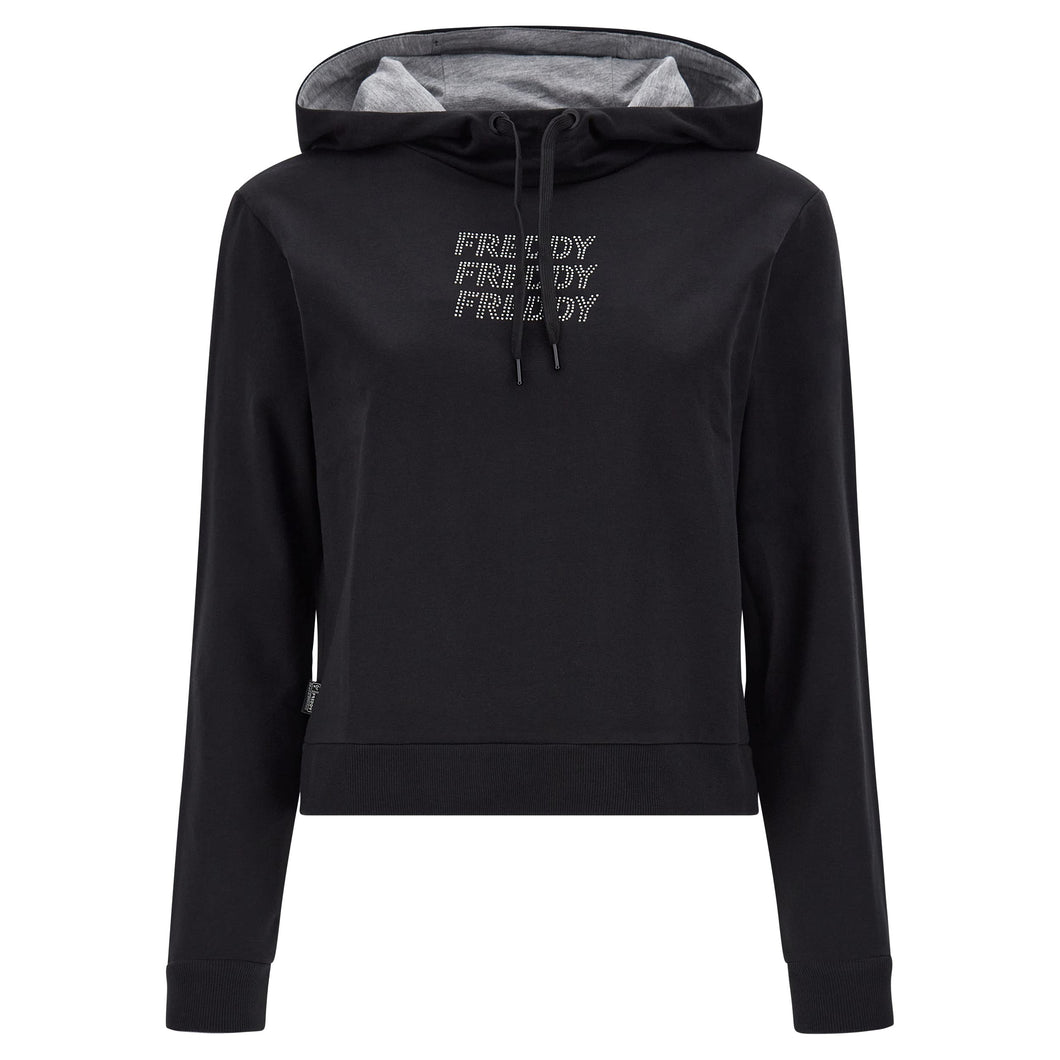 FREDDY - Felpa Cropped con Cappuccio E Grafica in Strass Argento