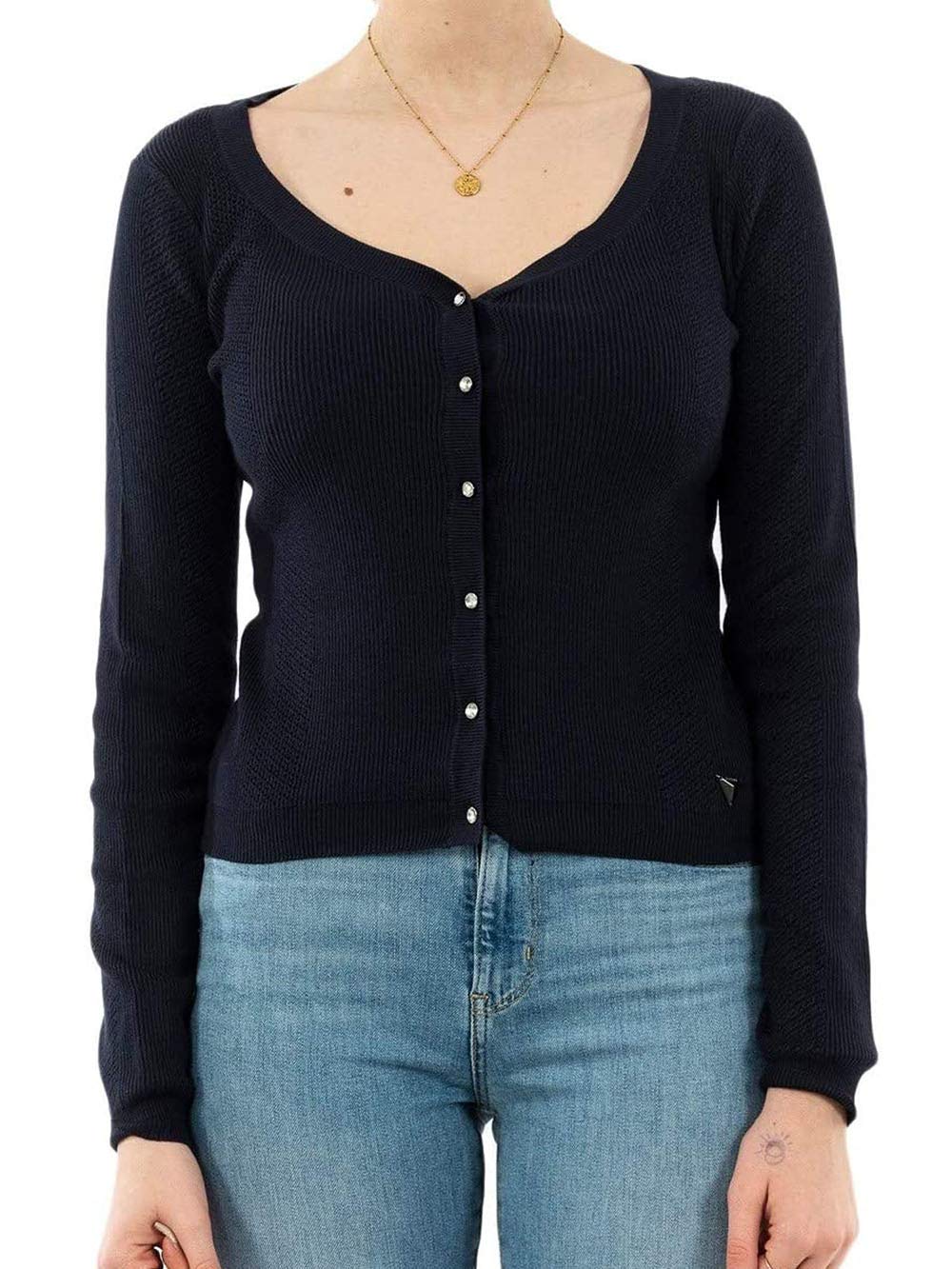 Guess Maglione Ester Donna Cardigan con Bottoncini Brillanti Blu