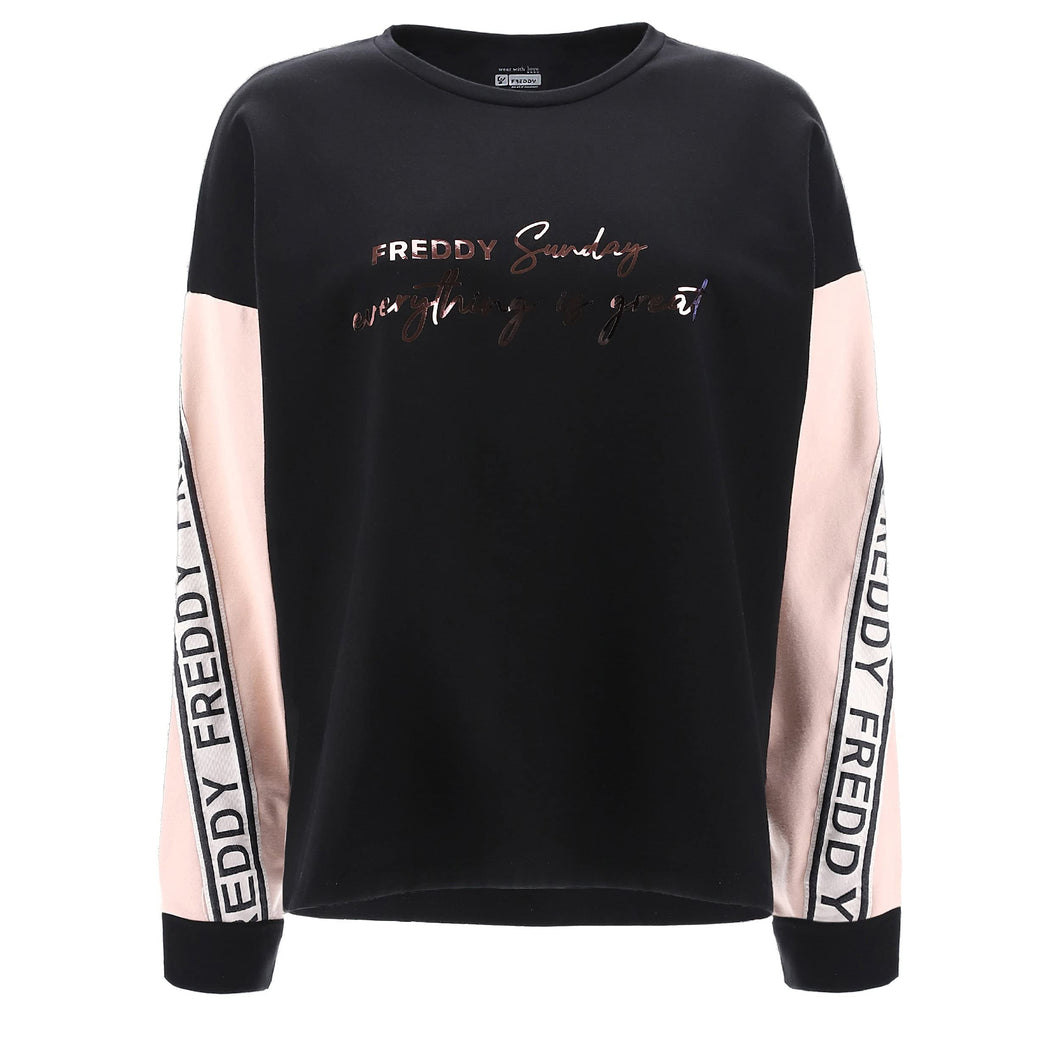 FREDDY - Felpa Cropped Oversize Stampa Lucida E Nastro sulle Maniche