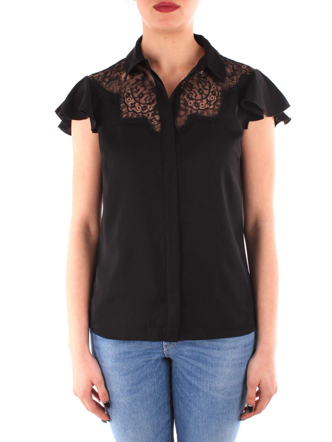 Guess Camicia Donna Manica Corta Nera con Pizzo W1RH85W5OC2-JBLK