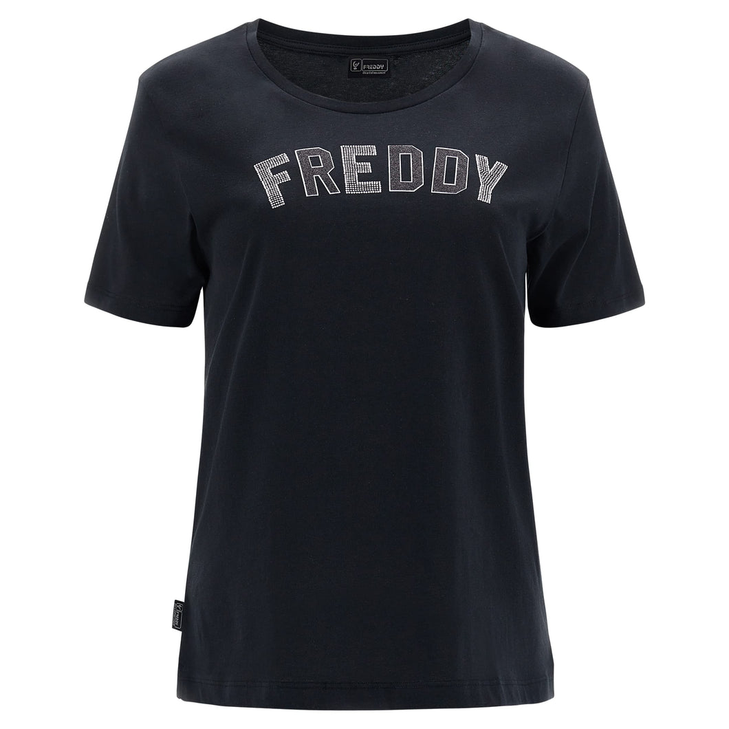 FREDDY - T-Shirt Stampa College in Strass Cristallo E Glitter Nero