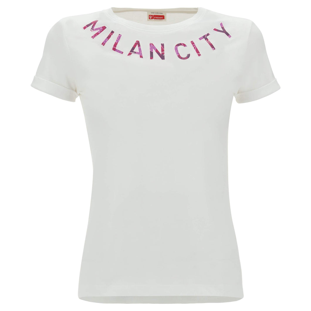 FREDDY T-Shirt Manica Corta da Bambina con Stampa a Contrasto - White - 8 Anni