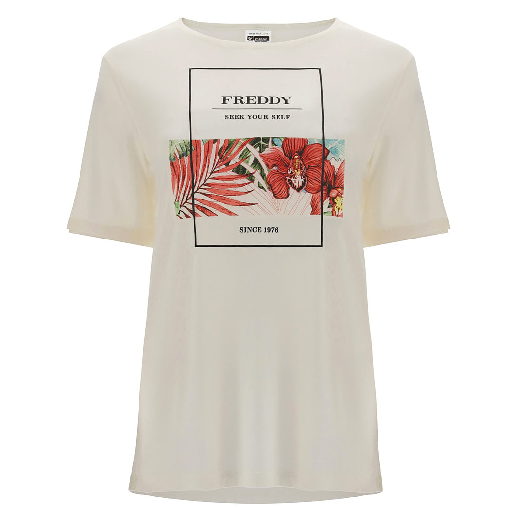FREDDY - T-Shirt Comfort in Fibra Vegetale con Stampa Tropical
