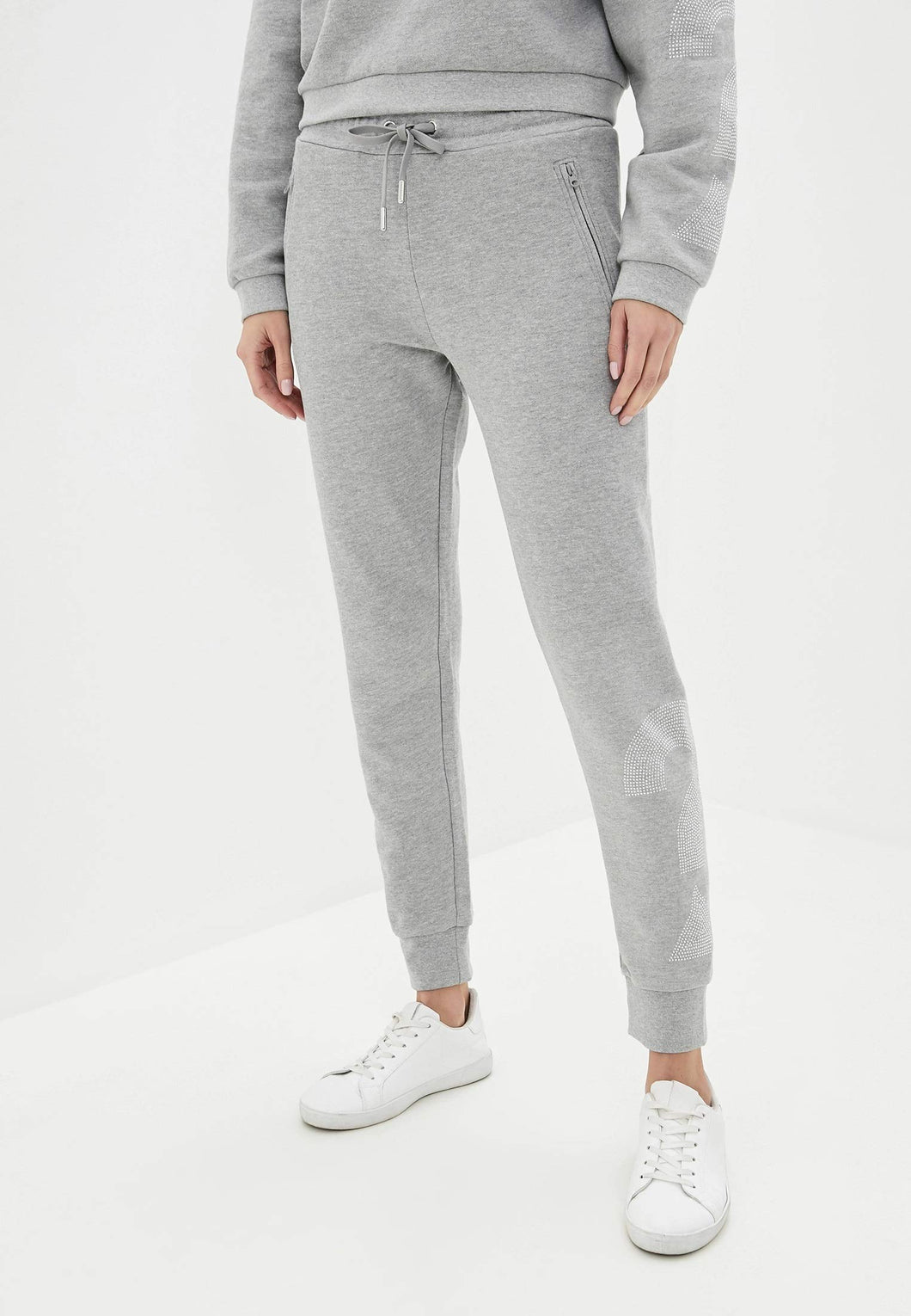 Guess Pantalone in Felpa con Polsino e Logo Strass Grigio Chiaro