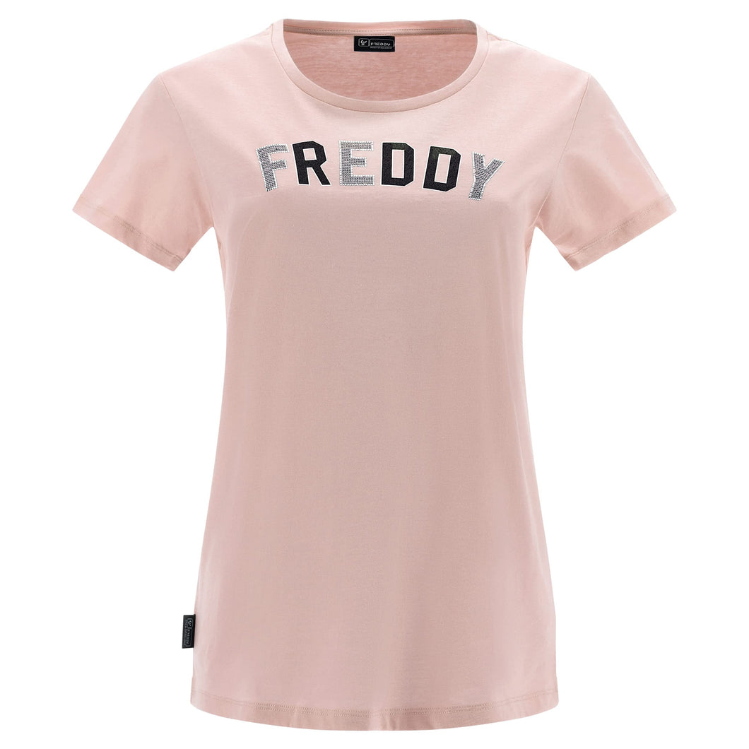 FREDDY - T-Shirt Stampa College in Strass Cristallo E Glitter Nero, Rosa, Small
