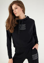 Carica l&#39;immagine nel visualizzatore di Gallery, FREDDY - Felpa Cropped con Cappuccio E Grafica in Strass Argento
