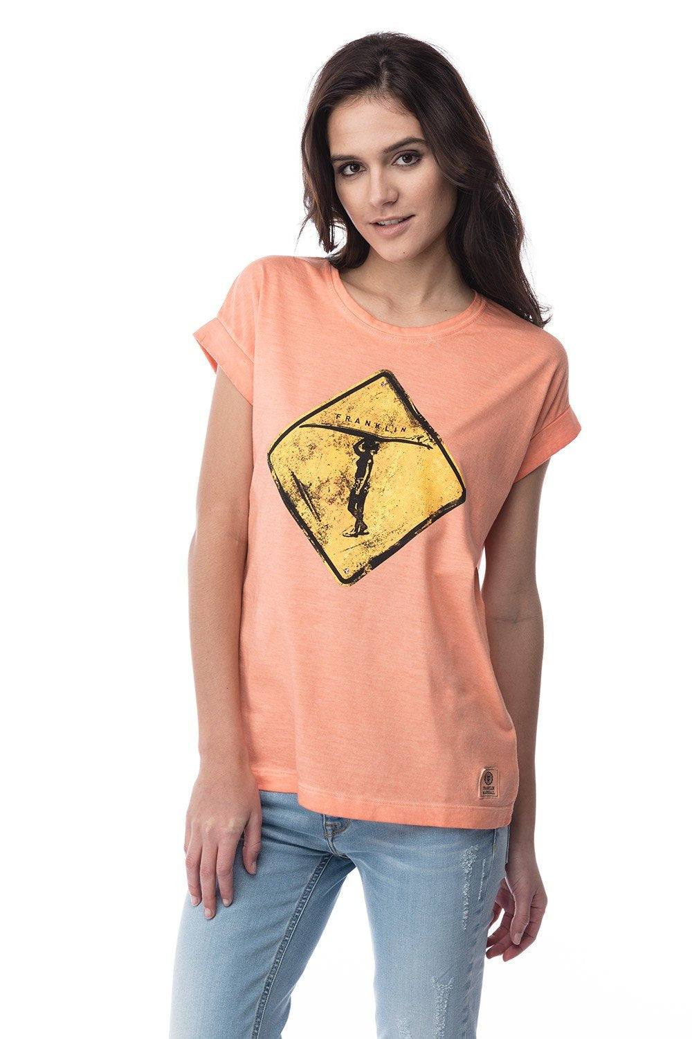 Franklin and Marshall T-SHIRT STAMPA SURF, BOYFRIEND TEE FIT, colore TANGERINE
