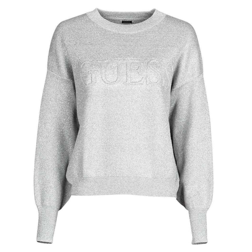 ? Guess Donna Girocollo Maglia Logo Frontale Filo Argentato