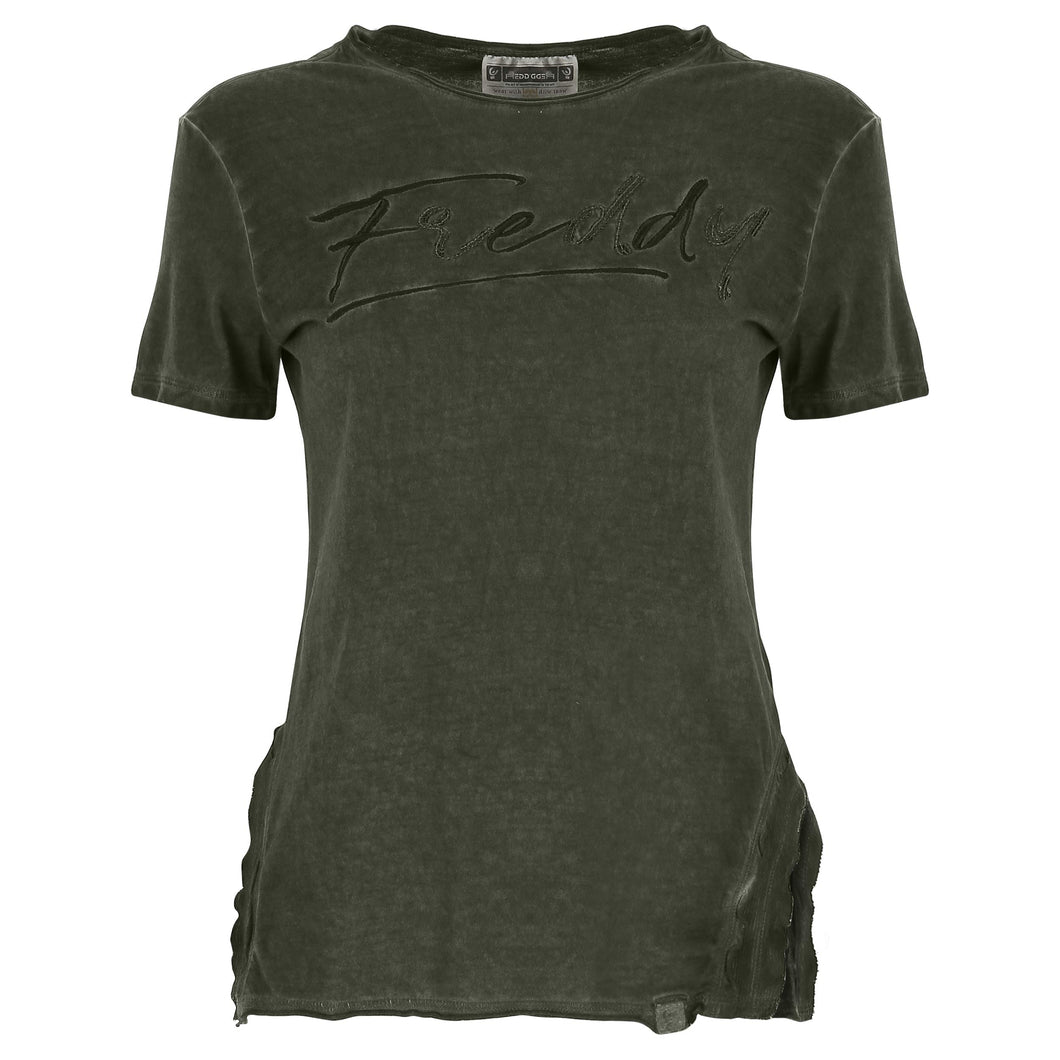 FREDDY T-Shirt a Maniche Corte con Spacchi in Costina - Deep Depths Cool Dyed - Medium