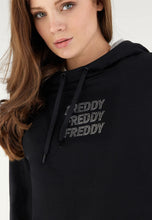 Carica l&#39;immagine nel visualizzatore di Gallery, FREDDY - Felpa Cropped con Cappuccio E Grafica in Strass Argento
