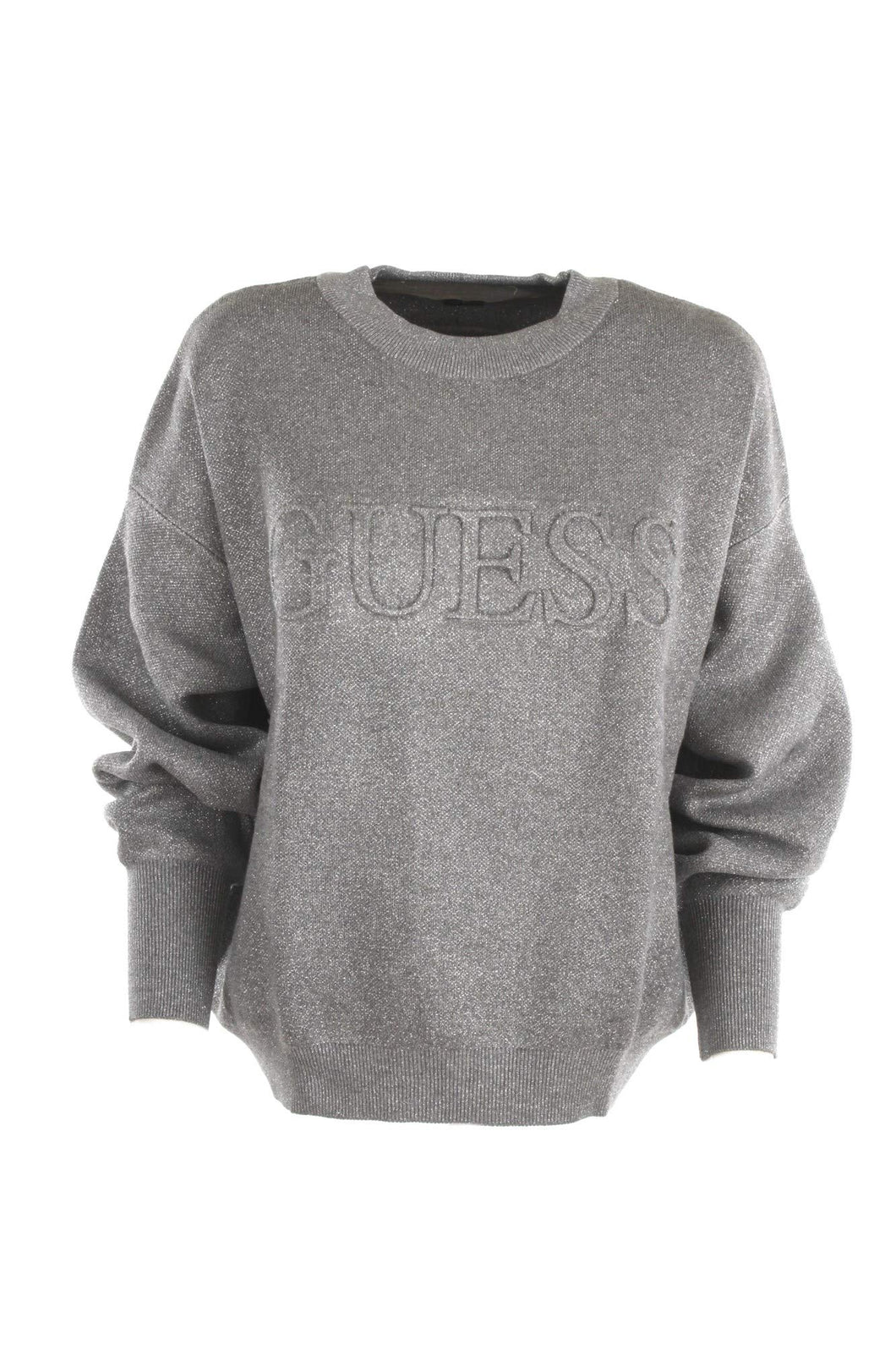 ? Guess Donna Girocollo Maglia Logo Frontale Filo Argentato (L)