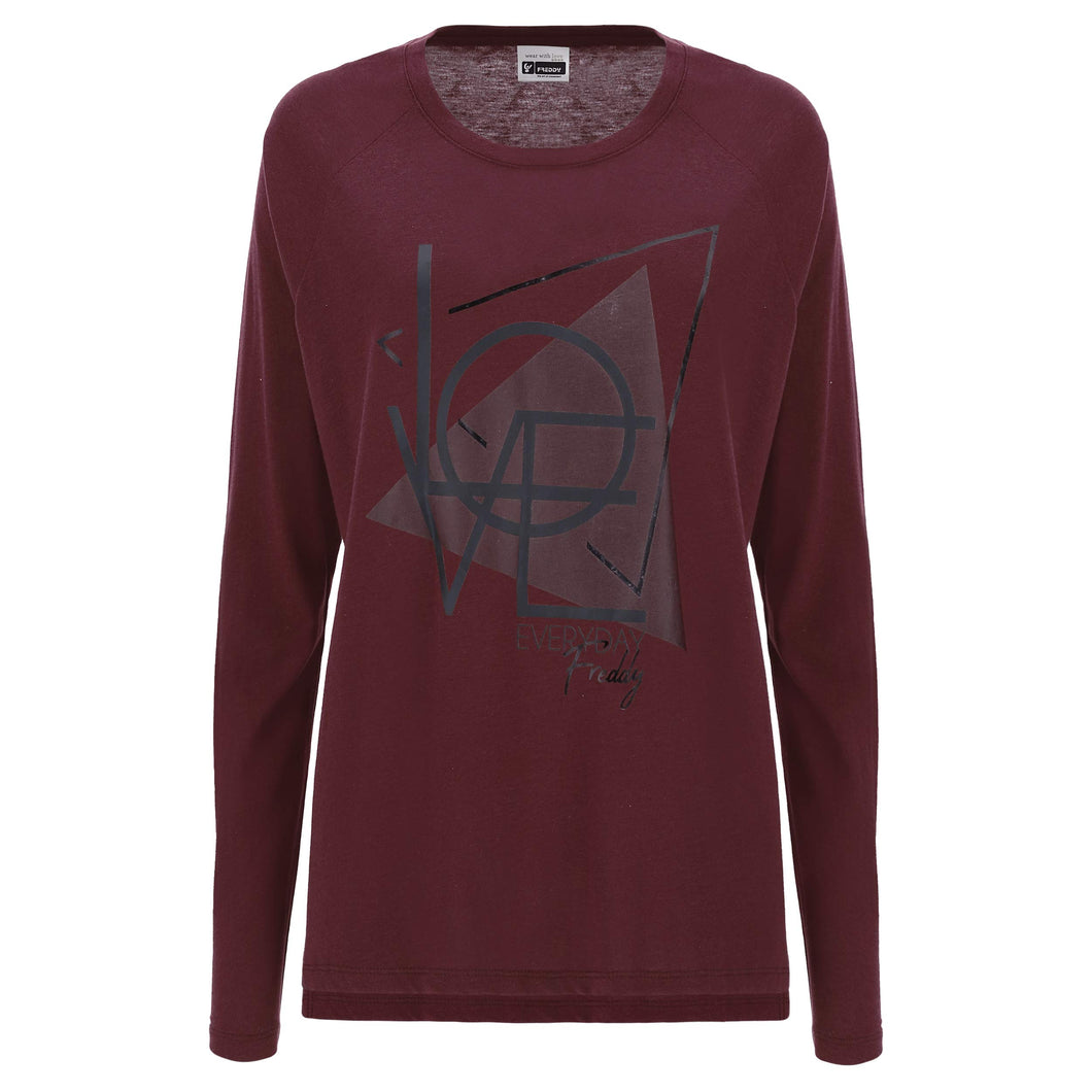 FREDDY - T-Shirt Regular in Jersey A Manica Lunga Raglan con Stampa
