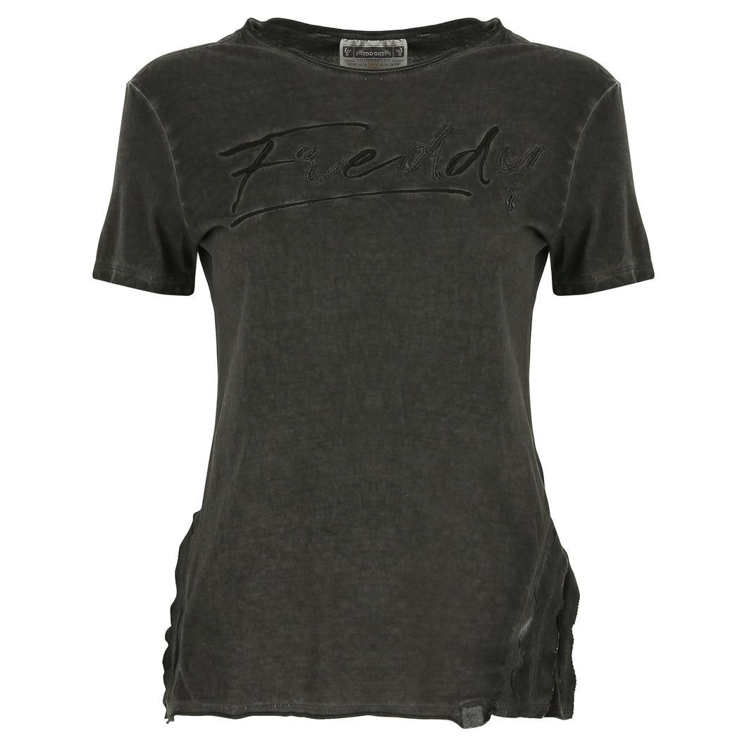 FREDDY T-Shirt a Maniche Corte con Spacchi in Costina - Cool Dyed Black - Extra Small