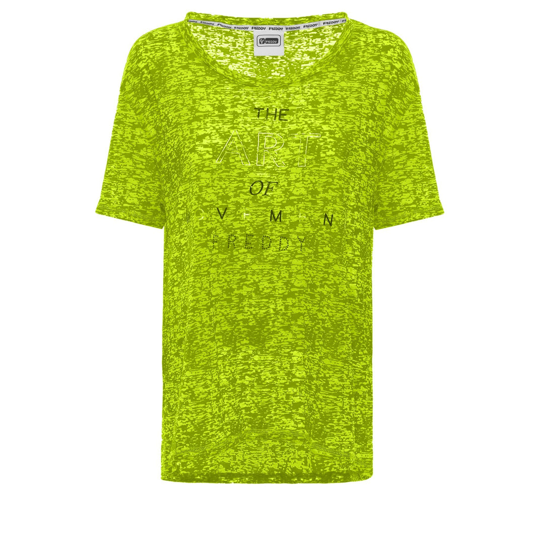 FREDDY T-Shirt Morbida in Jersey DEVORÉ con Stampa E Strass Verde Fluo