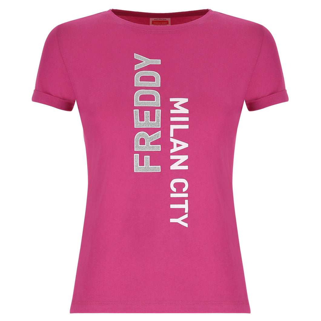 FREDDY T-Shirt Manica Corta da Bambina con Stampa Glitter - Fuchsia Red