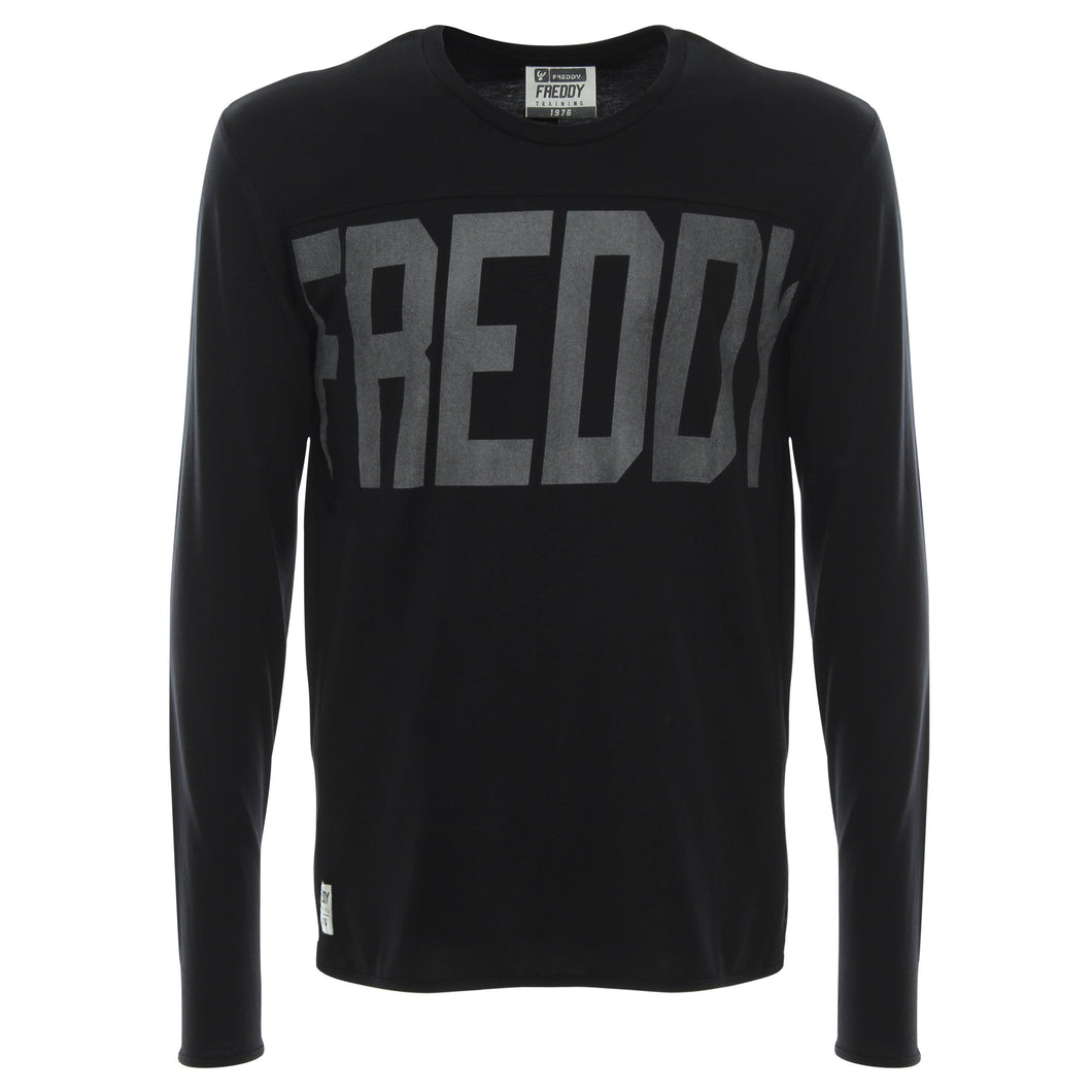 FREDDY T-Shirt Leggera in Cotone a Manica Lunga Nera con Maxi Logo