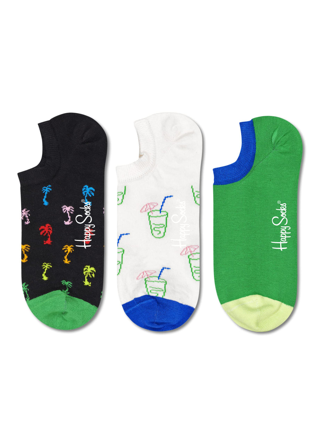 Happy Socks 3-pack Palm No Show Sock, colorati e divertenti, calzini per uomo e donna, Nero-Verde-Bianco