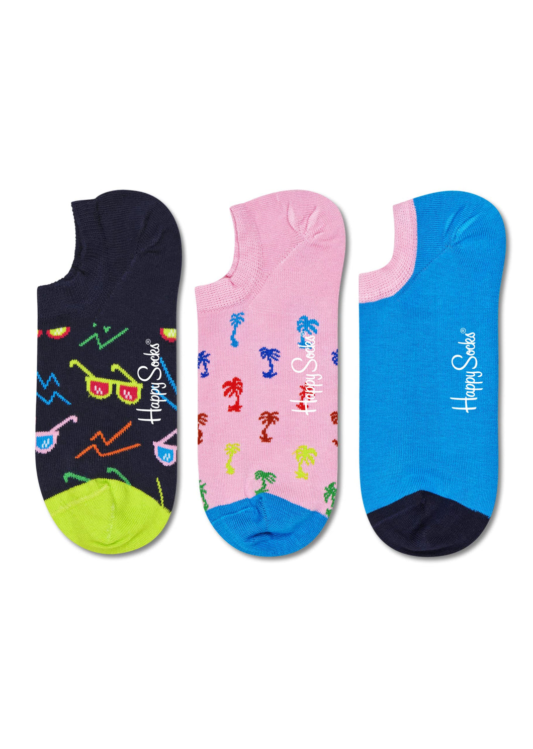 Happy Socks 3-Pack Sunny Days No Show Sock, colorati e divertenti, calzini per uomo e donna, Blu-Rosa-Nero