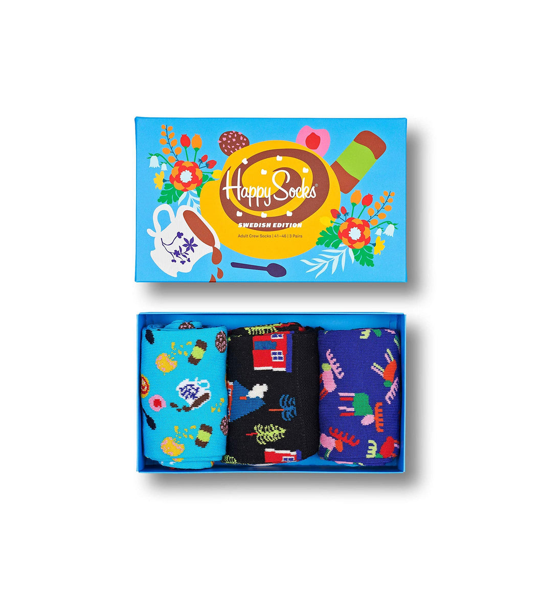 Happy Socks 3-Pack Swedish Edition Gift Set, colorate e divertenti, Calzini per uomo e donna, Blu 3 paia