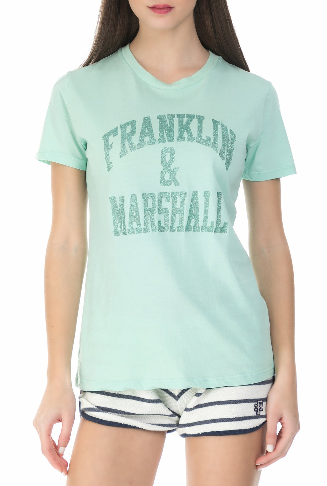 Franklin & Marshall T-SHIRT CLASSIC FIT COLORE BLACK SHADOW logo stampato glitter verde acqua
