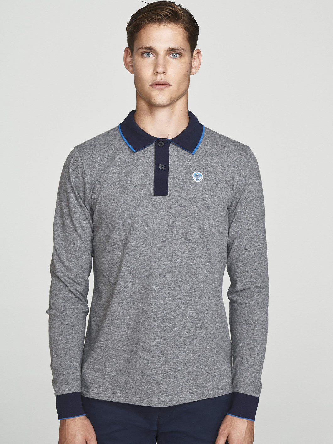 NORTH SAILS Uomo Stretch Polo Camicia in Grigio Medio mélange Cotone Collo Classico con Abbottonatura e Spacchi Laterali sul Fondo - M