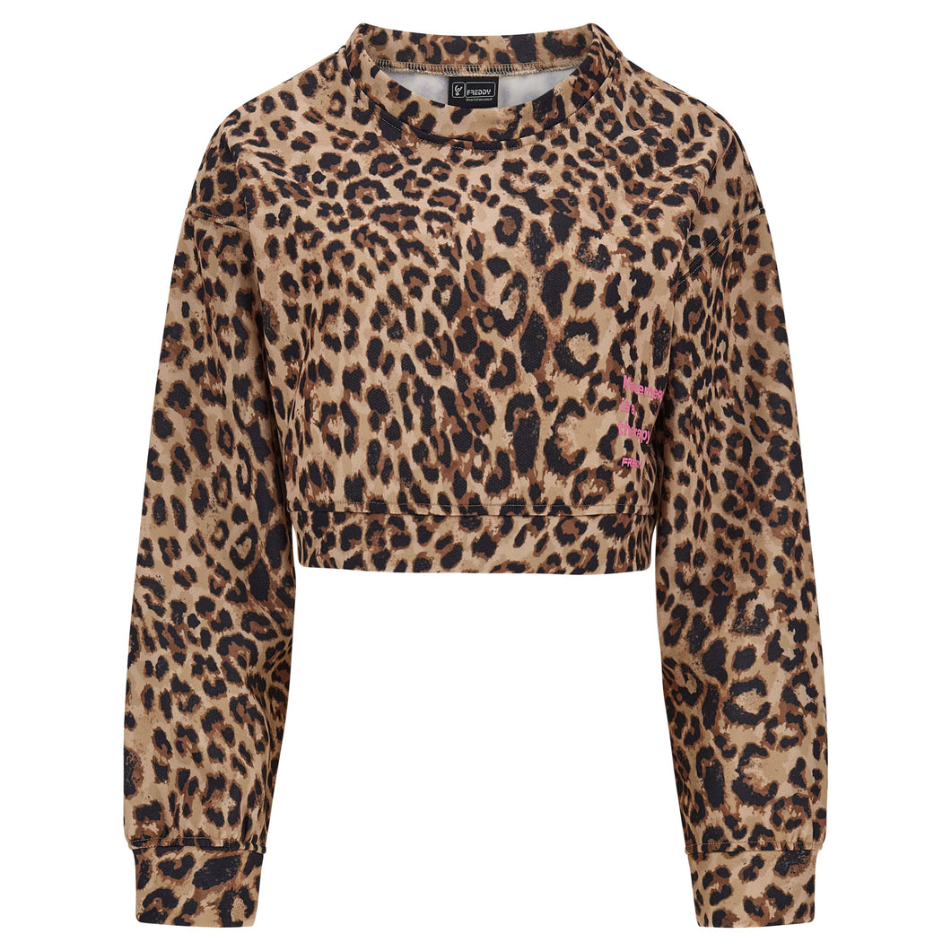 FREDDY - Felpa Cropped Girocollo Animalier con Lettering su Un Fianco