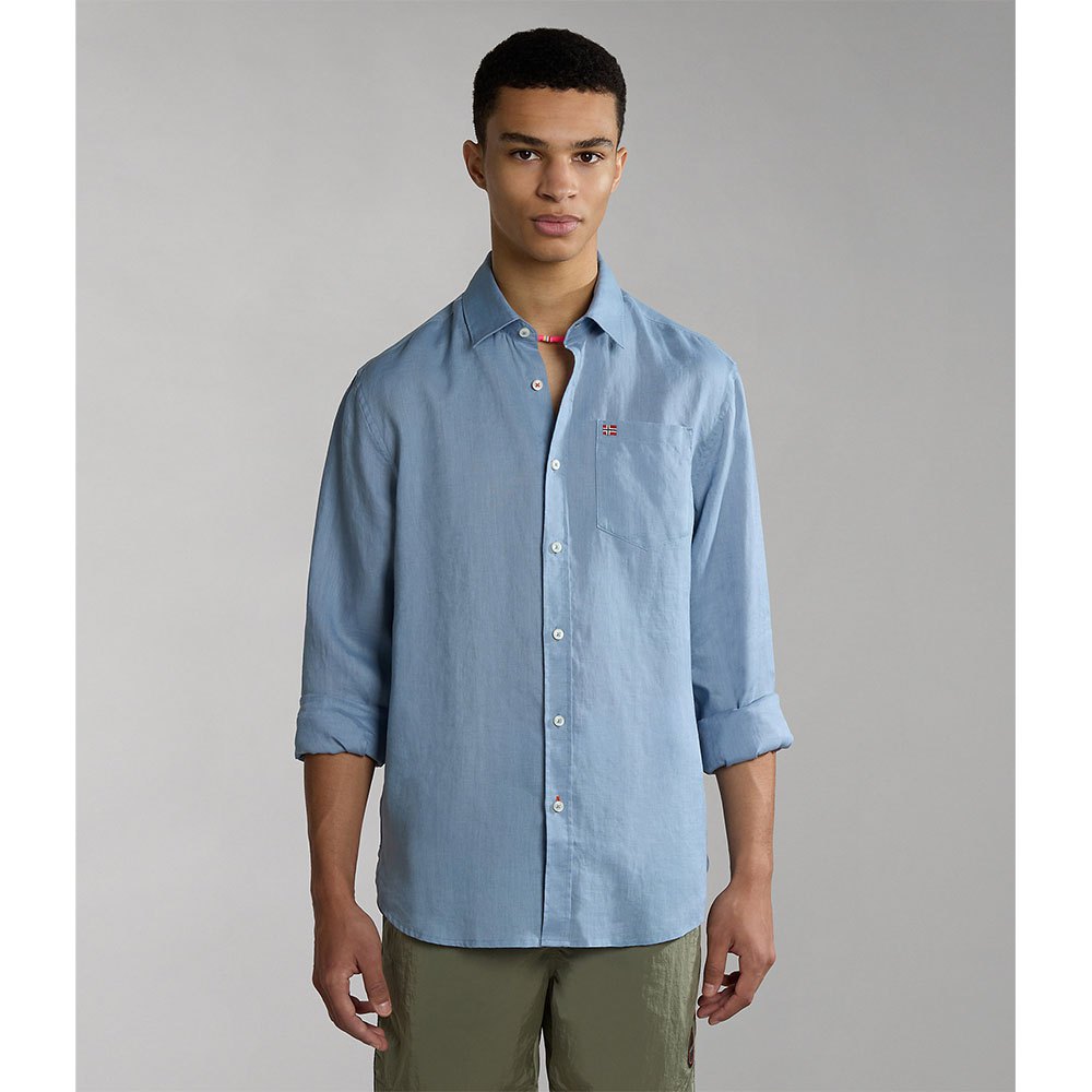 Napapijri Camicia in Lino uomo A Maniche Lunghe G-Creton Blue Faded